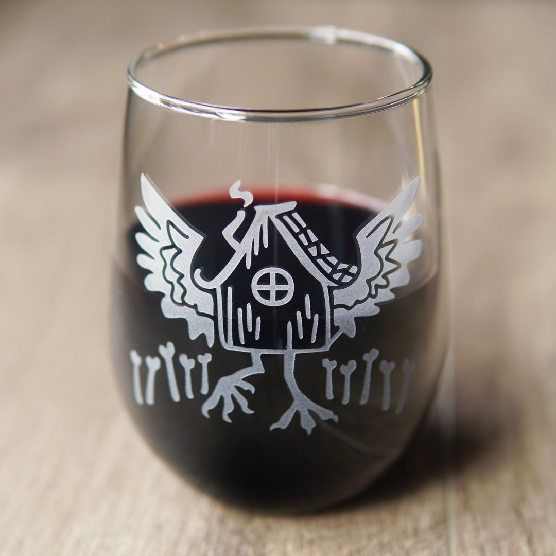 Baba Yaga Stemless Wine Glass - etched chicken hut glassware