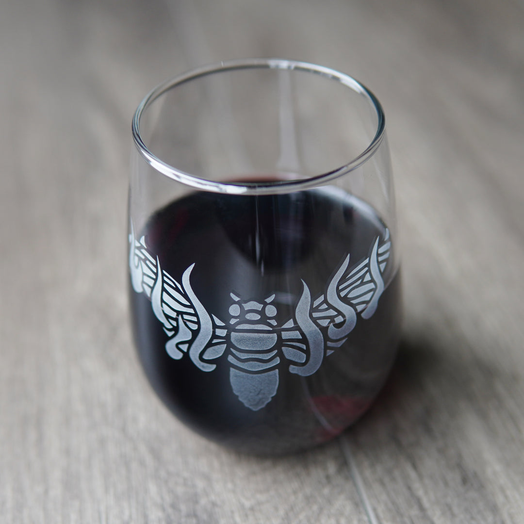 flaming cicada stemless wine glass