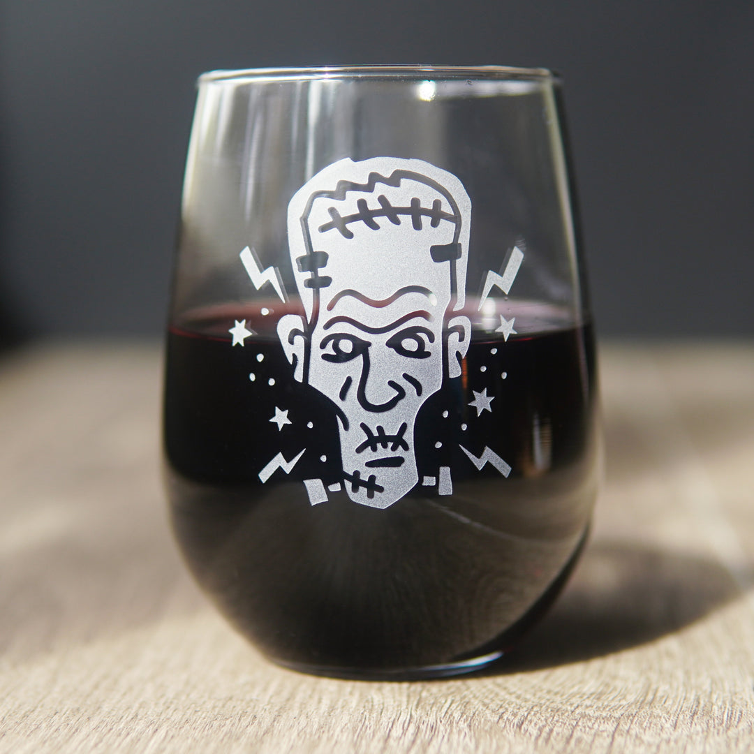 Frankenstein Stemless Wine Glass - etched horror monster glassware