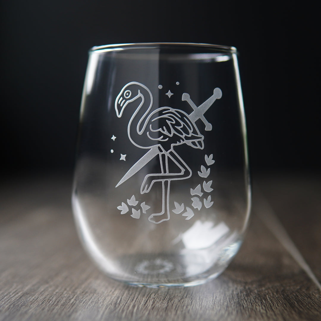 flamingo and sword stemless wine glass