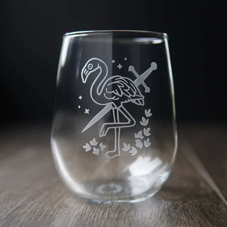 flamingo and sword stemless wine glass