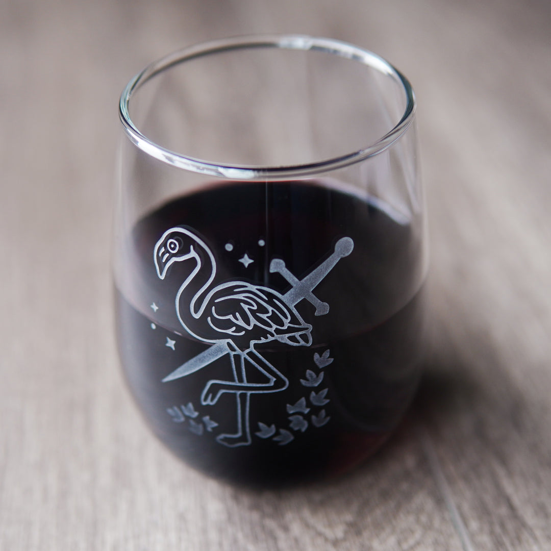 flamingo and sword stemless wine glass