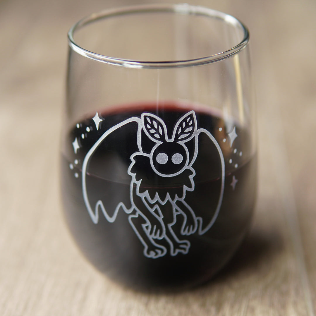 Mothman Stemless Wine Glass - etched cryptid glassware
