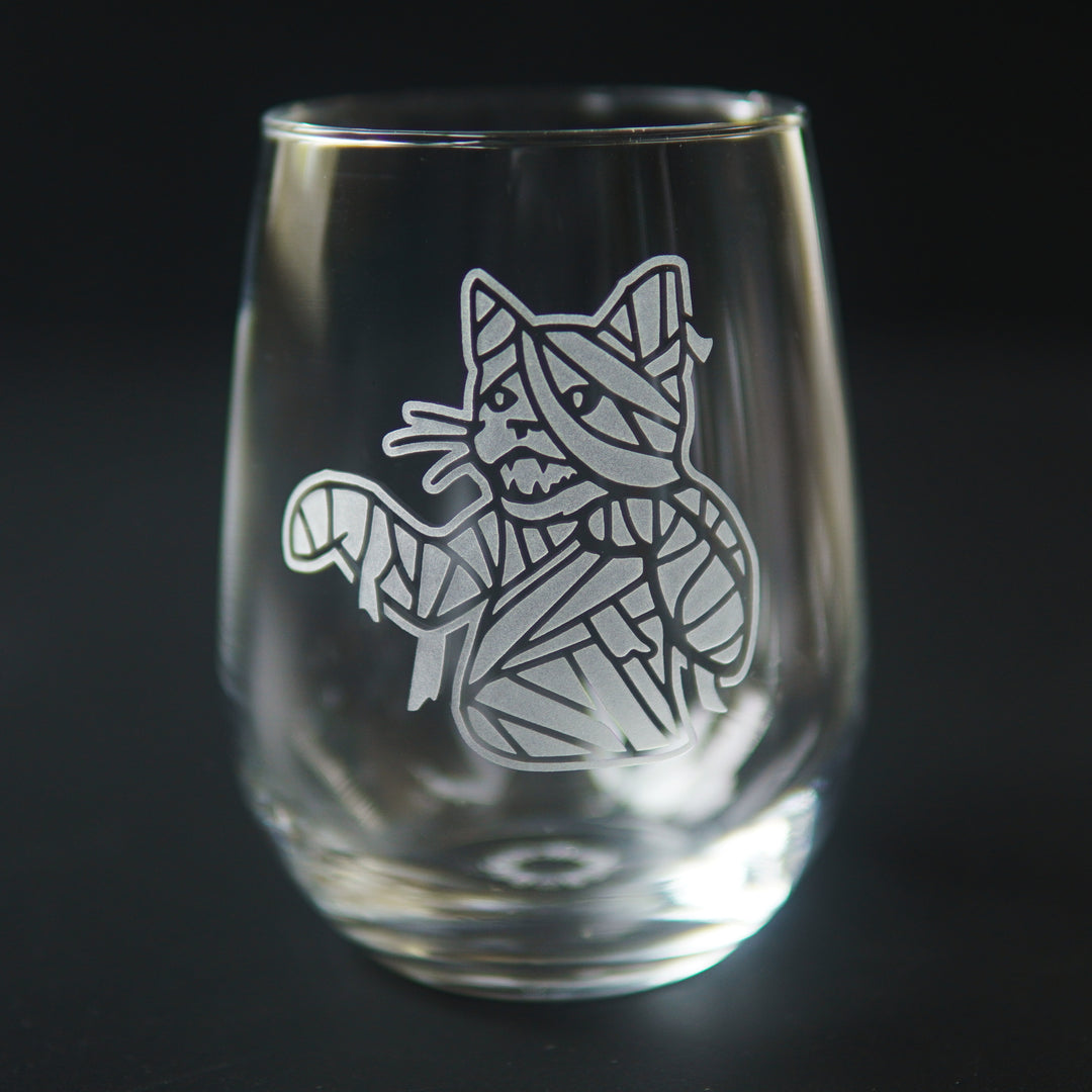 Mummy Cat Stemless Wine Glass - etched Halloween monster glassware
