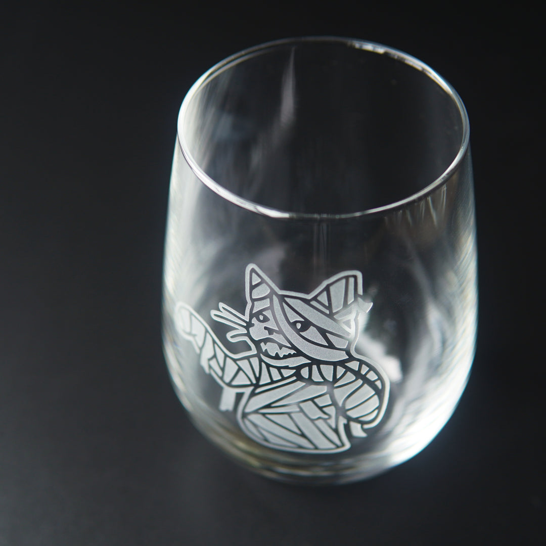 Mummy Cat Stemless Wine Glass - etched Halloween monster glassware