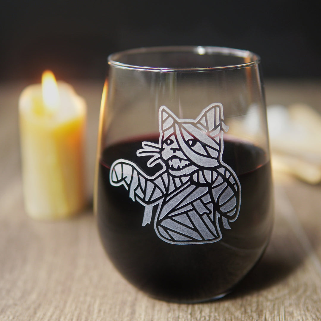 Mummy Cat Stemless Wine Glass - etched Halloween monster glassware