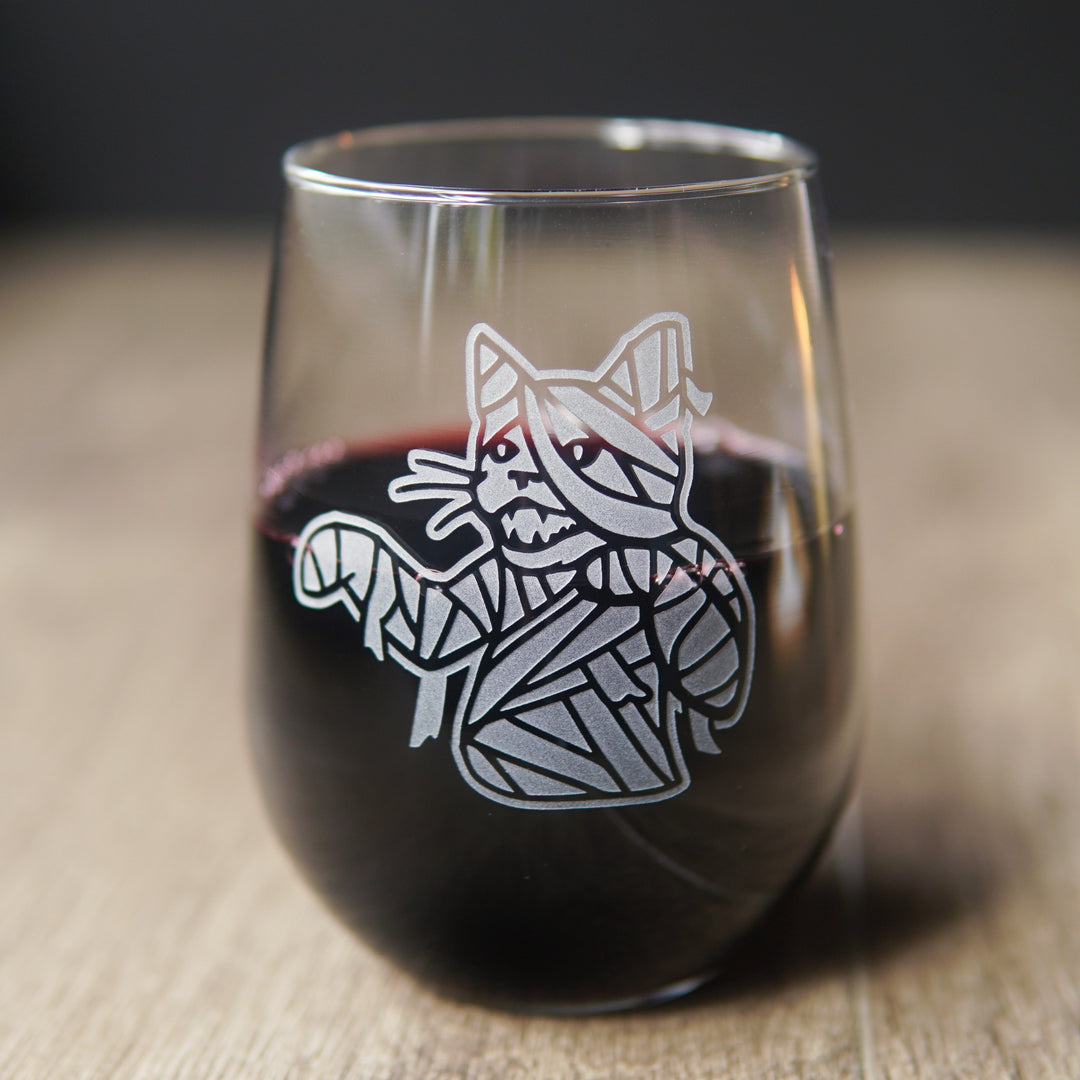 Mummy Cat Stemless Wine Glass - etched Halloween monster glassware