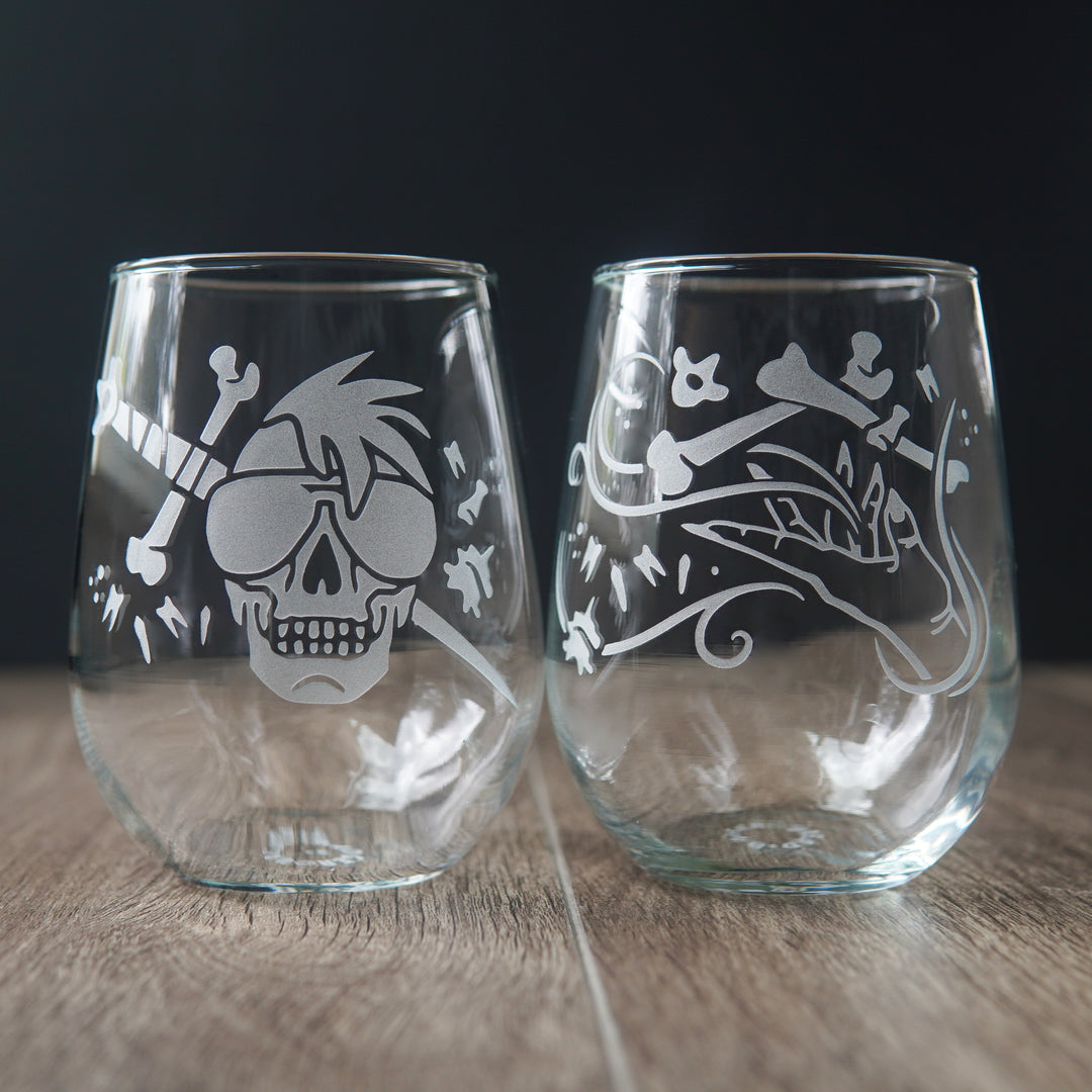 Necromancer Stemless Wine Glass - Bone Witch + Knight etched glassware