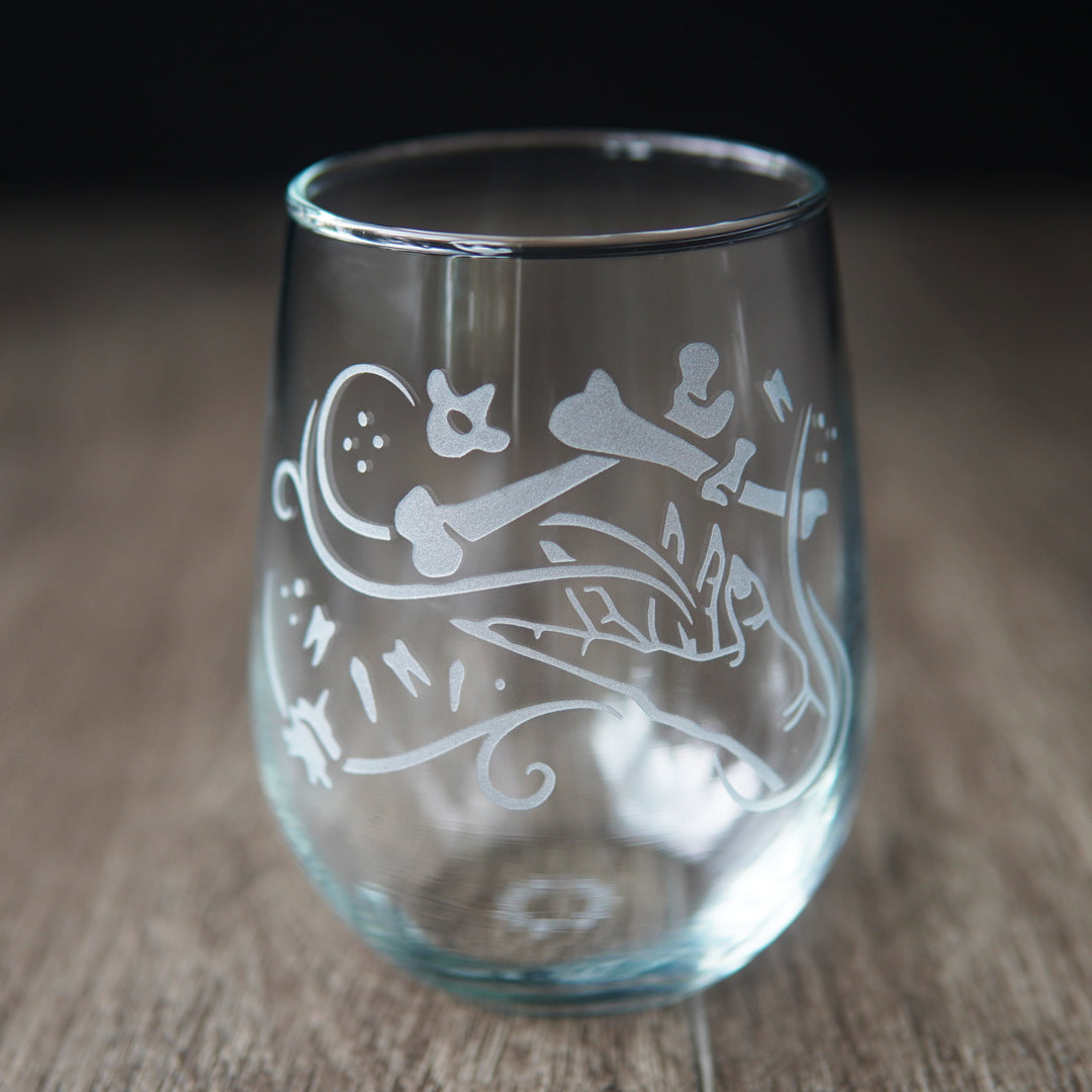 Necromancer Stemless Wine Glass - Bone Witch + Knight etched glassware