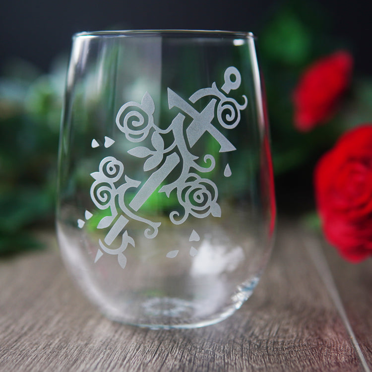 sword and roses stemless wine glass