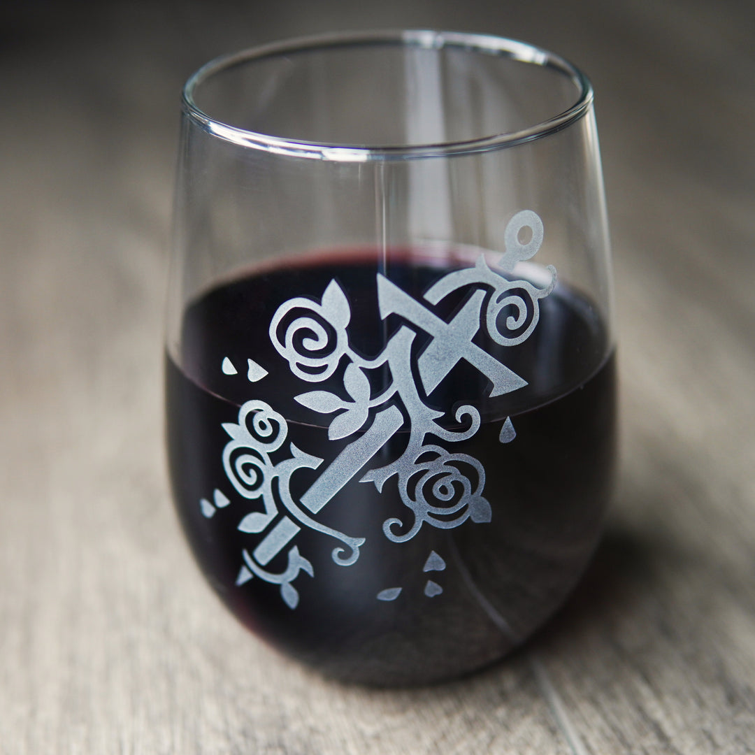sword and roses stemless wine glass