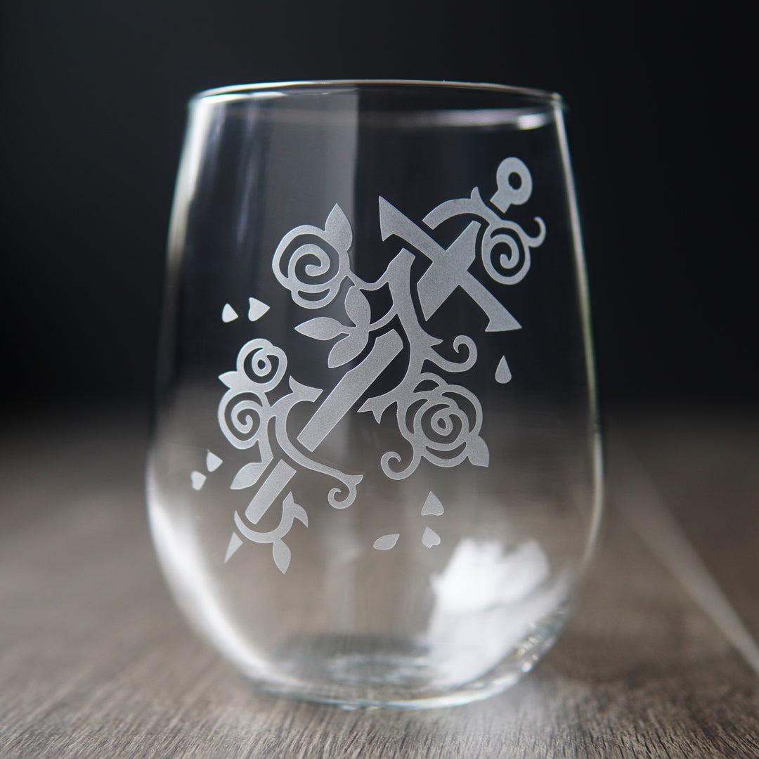 sword and roses stemless wine glass