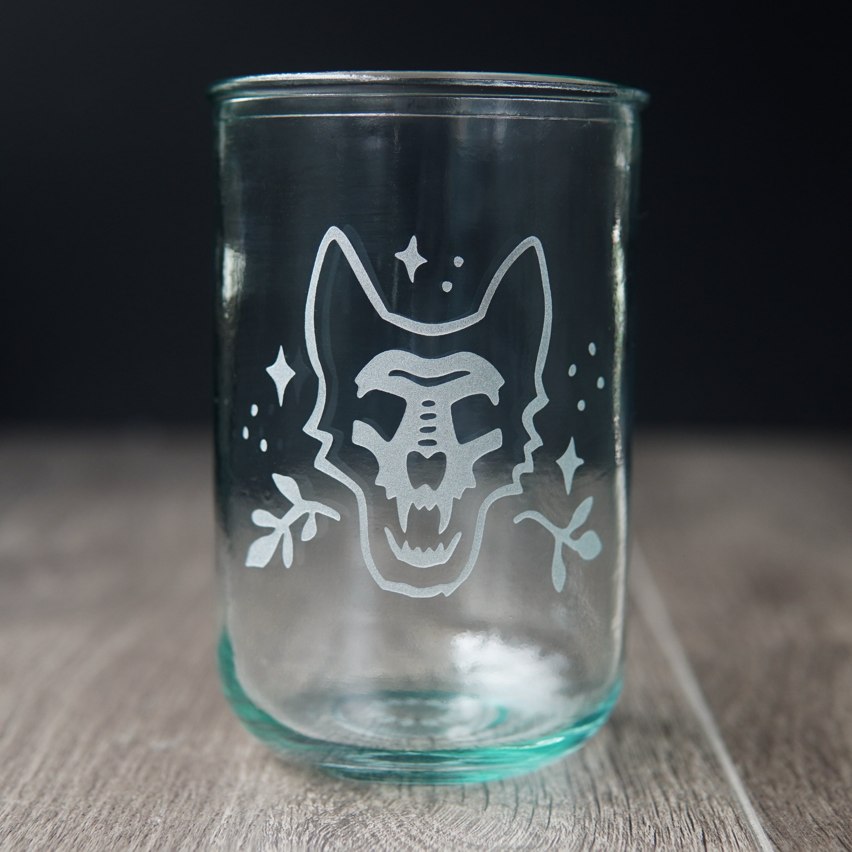 German Shepherd dog skull engraved onto tall recycled glass cup