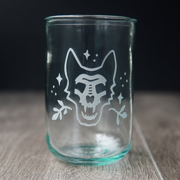 German Shepherd dog skull engraved onto tall recycled glass cup