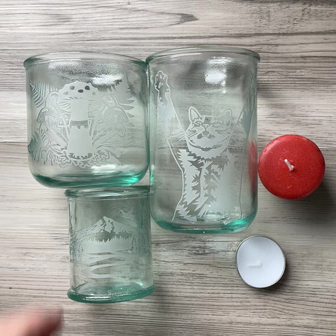 recycled glass tumblers size comparison with a votive candle