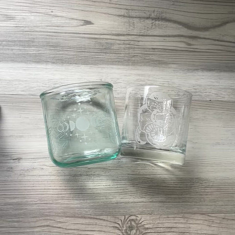 size comparison between Short recycled tumbler and standard lowball glass