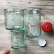 recycled glass drinking tumblers and candle holders size comparison with votive