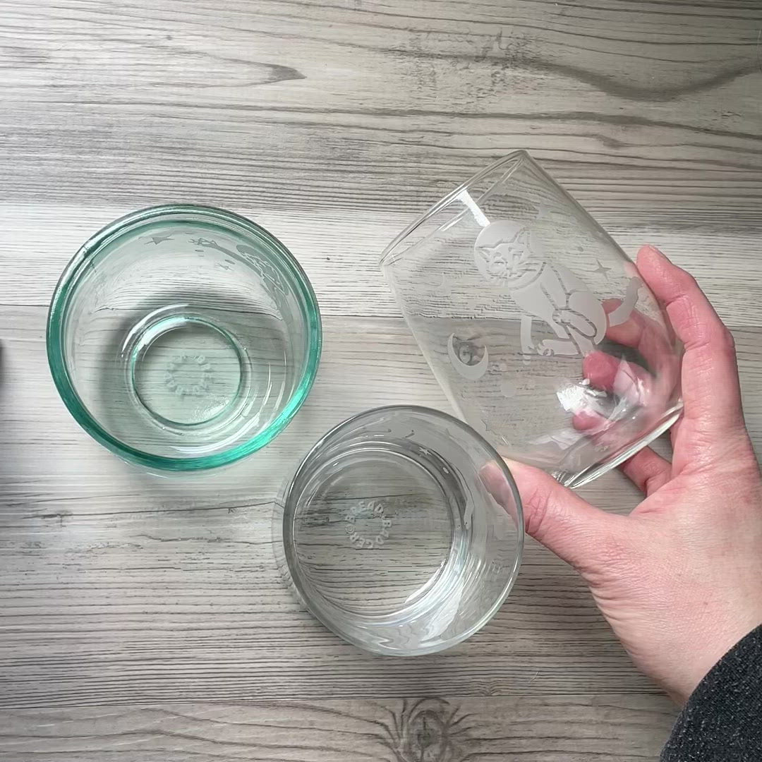Space Cats recycled glass tumbler (short) compared to lowball and stemless wine glass