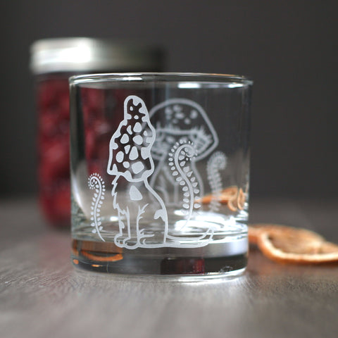 Cat Mushrooms Lowball Glass - etched cocktail glassware