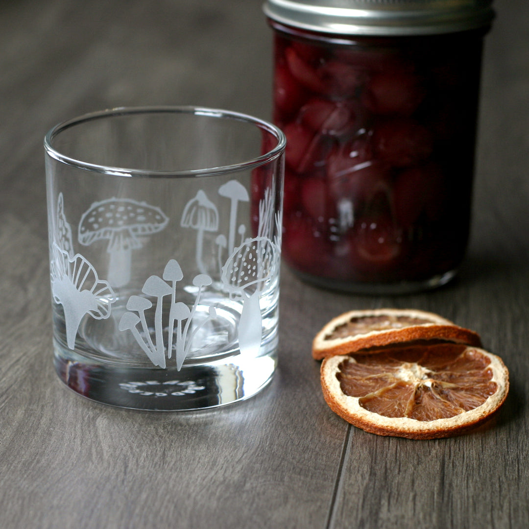 Mushroom Collection Lowball Glass - etched cocktail glassware