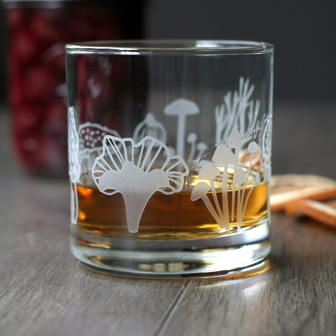 Mushroom Collection Lowball Glass - etched cocktail glassware