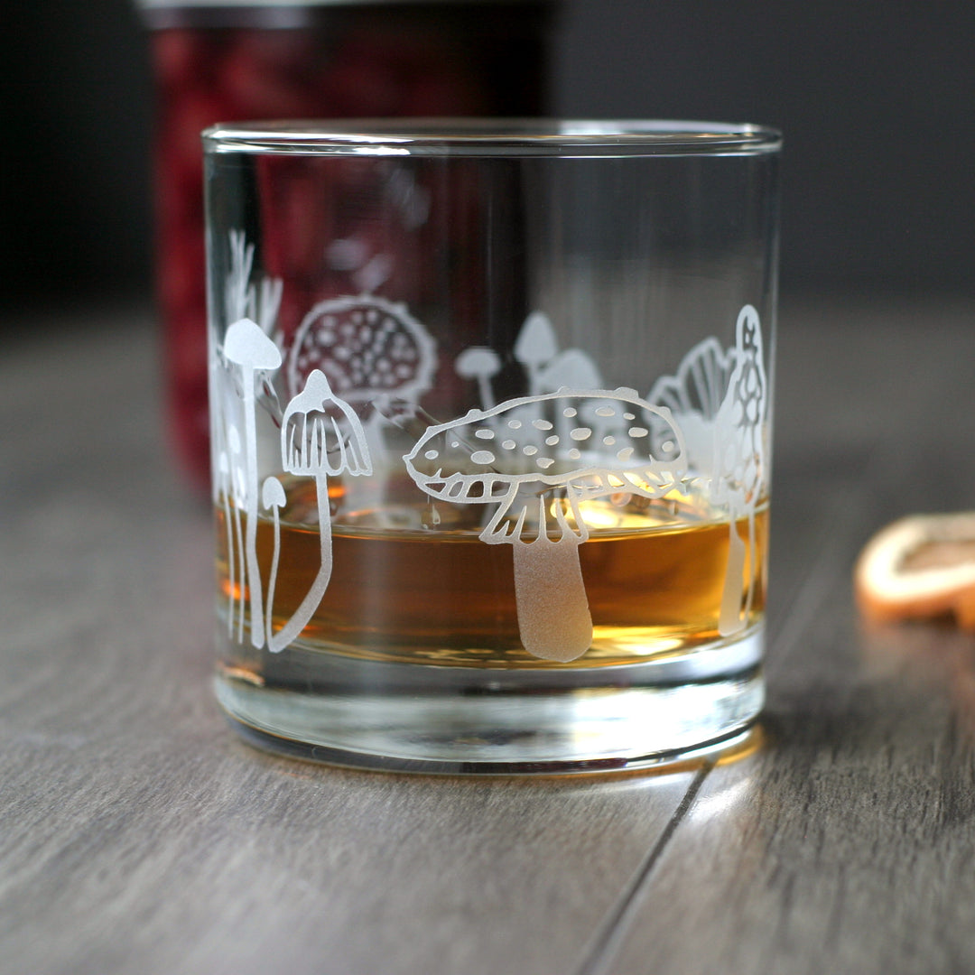 Mushroom Collection Lowball Glass - etched cocktail glassware