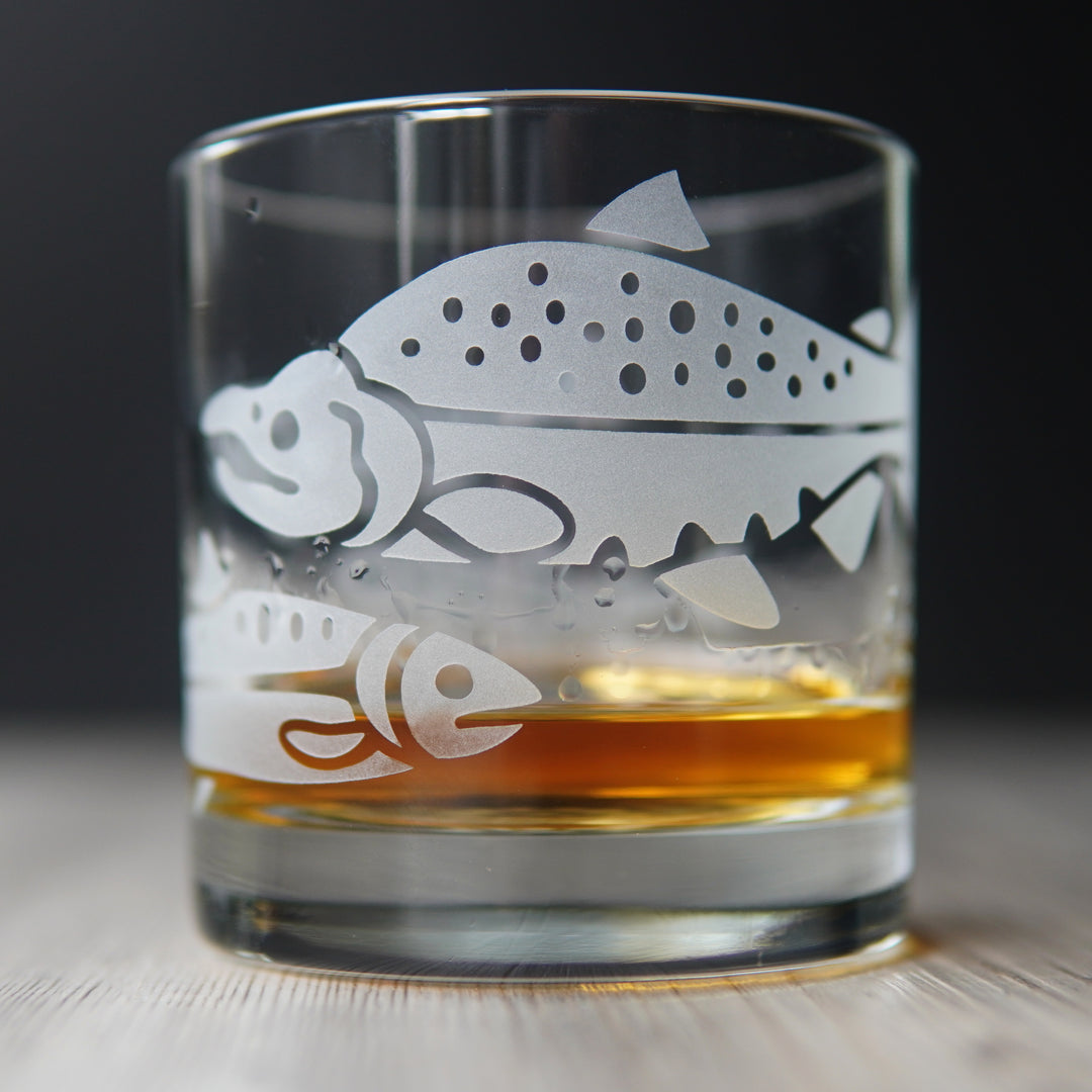 Salmon Lowball Glass - etched fish glassware