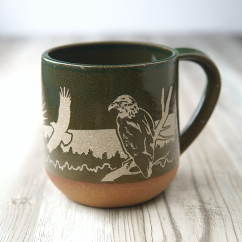Bald Eagles engraved handmade pottery mug in pine green, right side