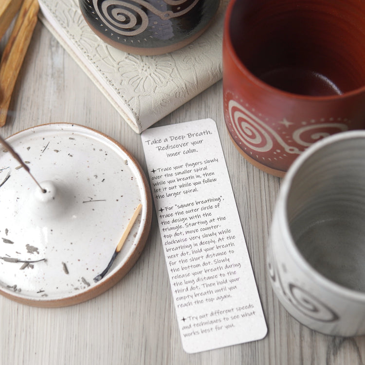 Deep Breath Mugs for meditation breathing exercises with instructional bookmark