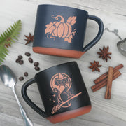Halloween Farmhouse Mugs with Pumpkin and Witch Cat engravings