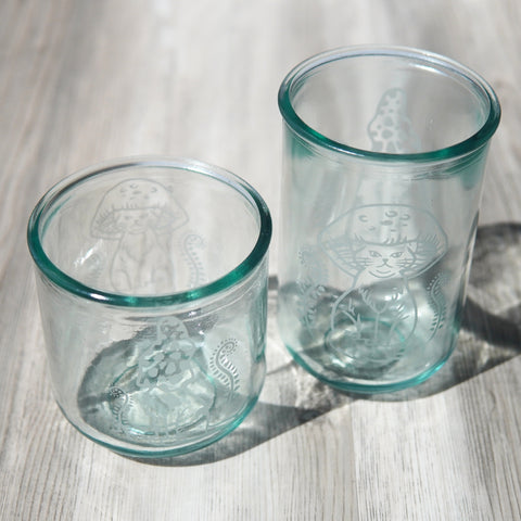 Cat Mushrooms etched recycled glass tumblers