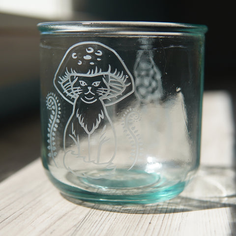 Cat Mushrooms etched recycled glass tumbler - Short