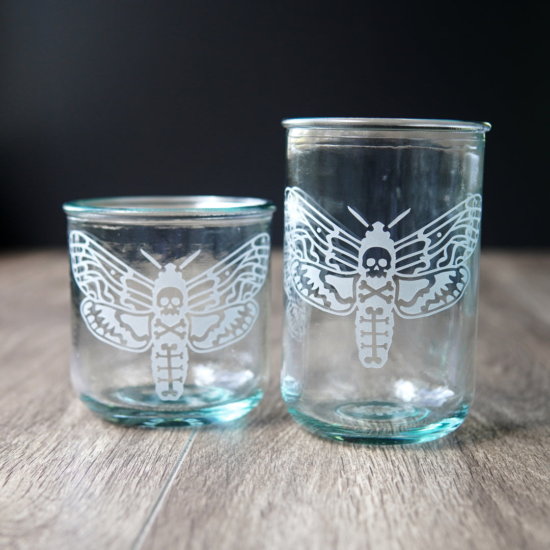 deaths head hawkmoth etched onto a pair of recycled glasses