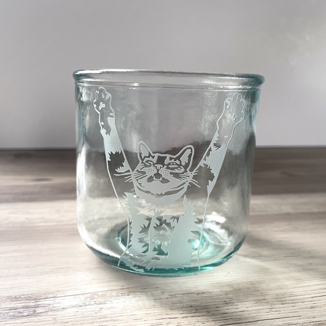 top half of a tabby cat with its arms stretched up and mouth slightly open engraved onto a short glass