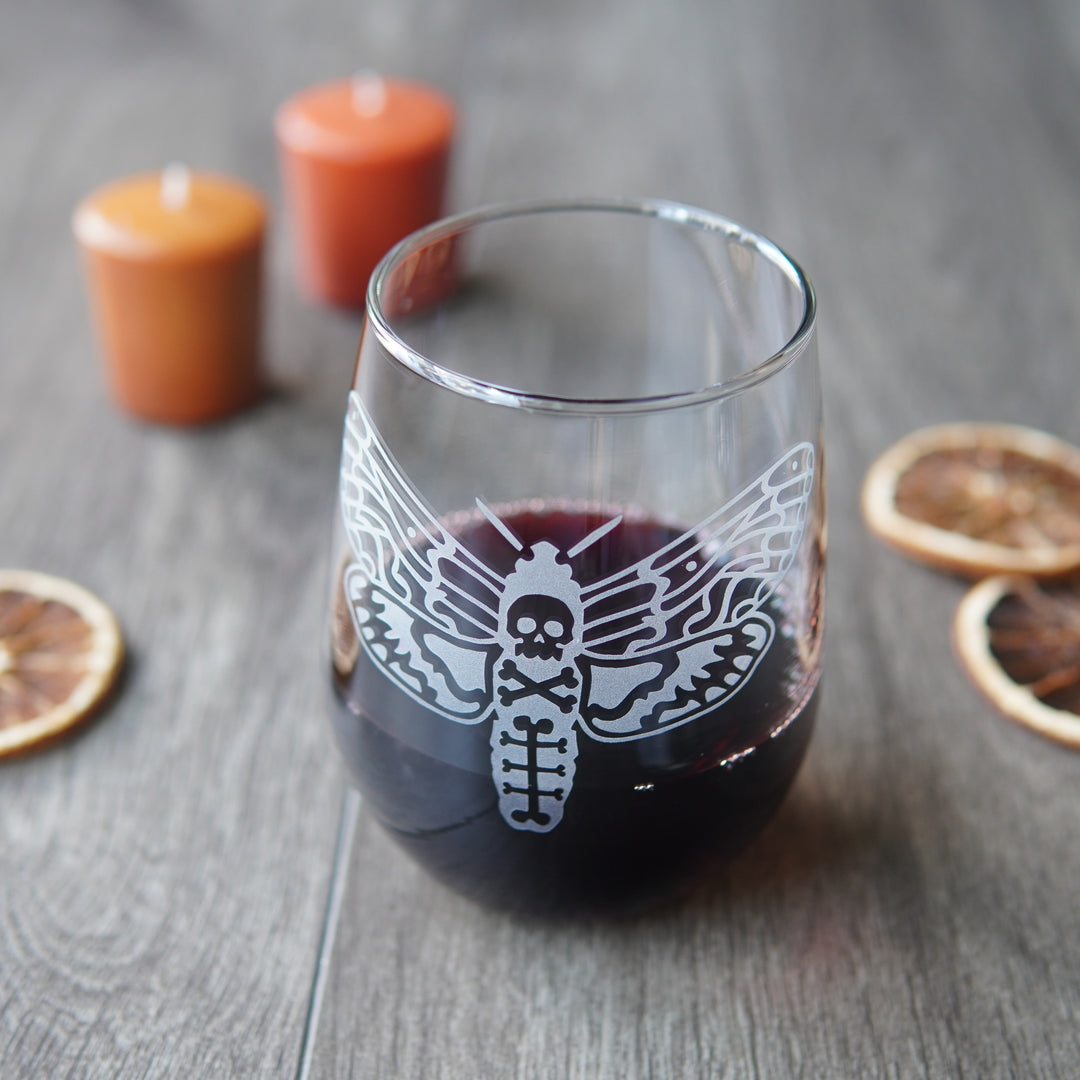 Deaths Head Moth Stemless Wine Glass