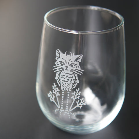 Owl Cat engraved stemless wine glass