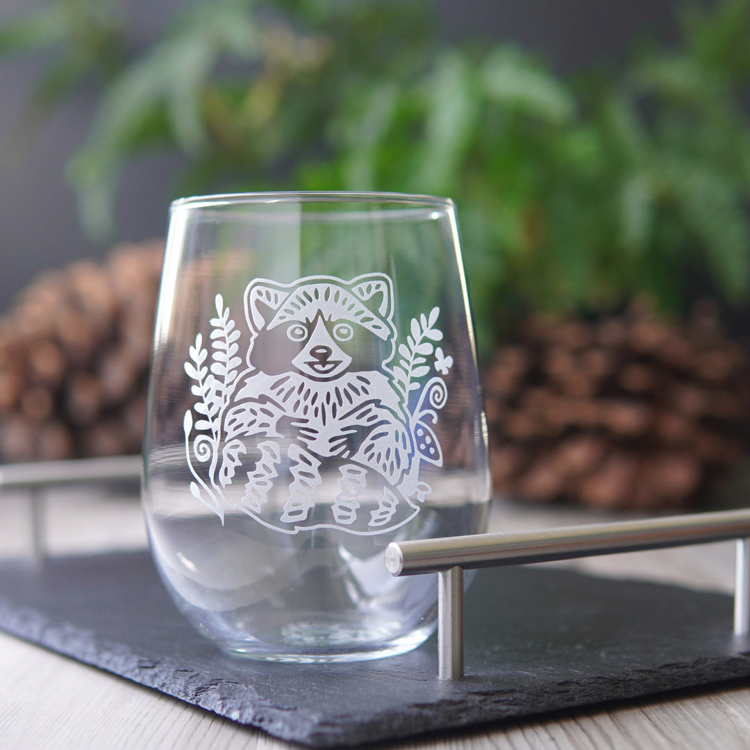 Raccoon Stemless Wine Glass - etched glassware