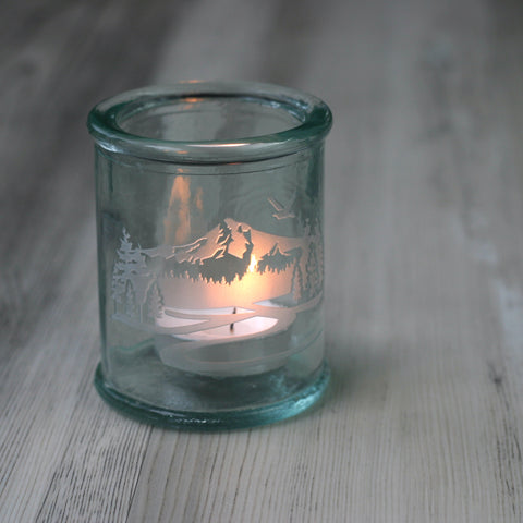 mt hood votive candle holder made from eco-friendly recycled glass