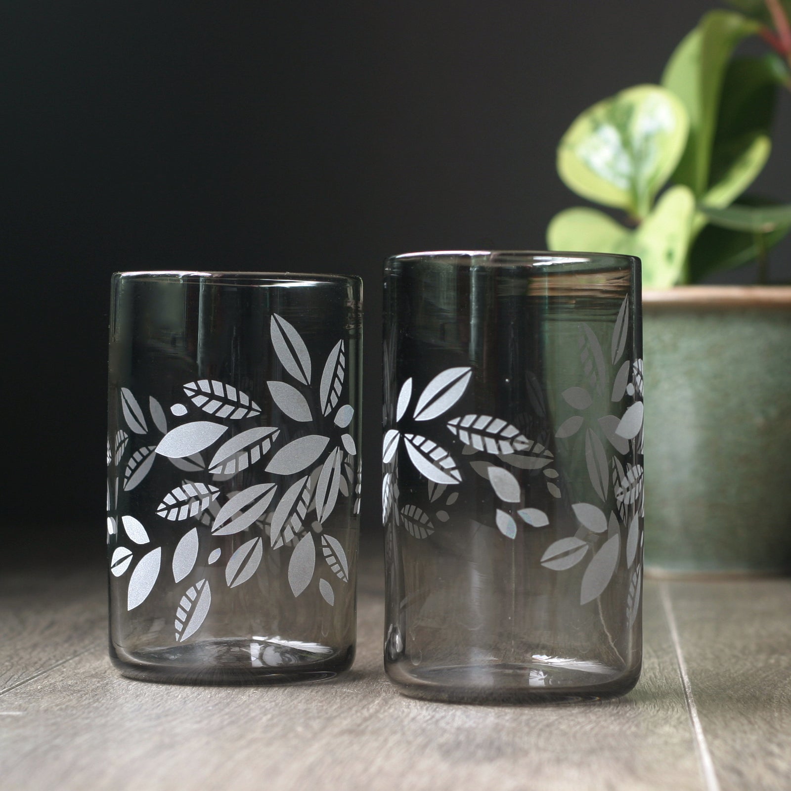 Tea Leaves smoky blown glass tumblers