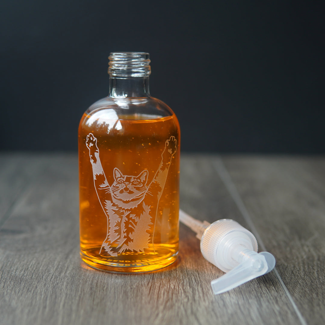 cat soap dispenser; apothecary pump bottle