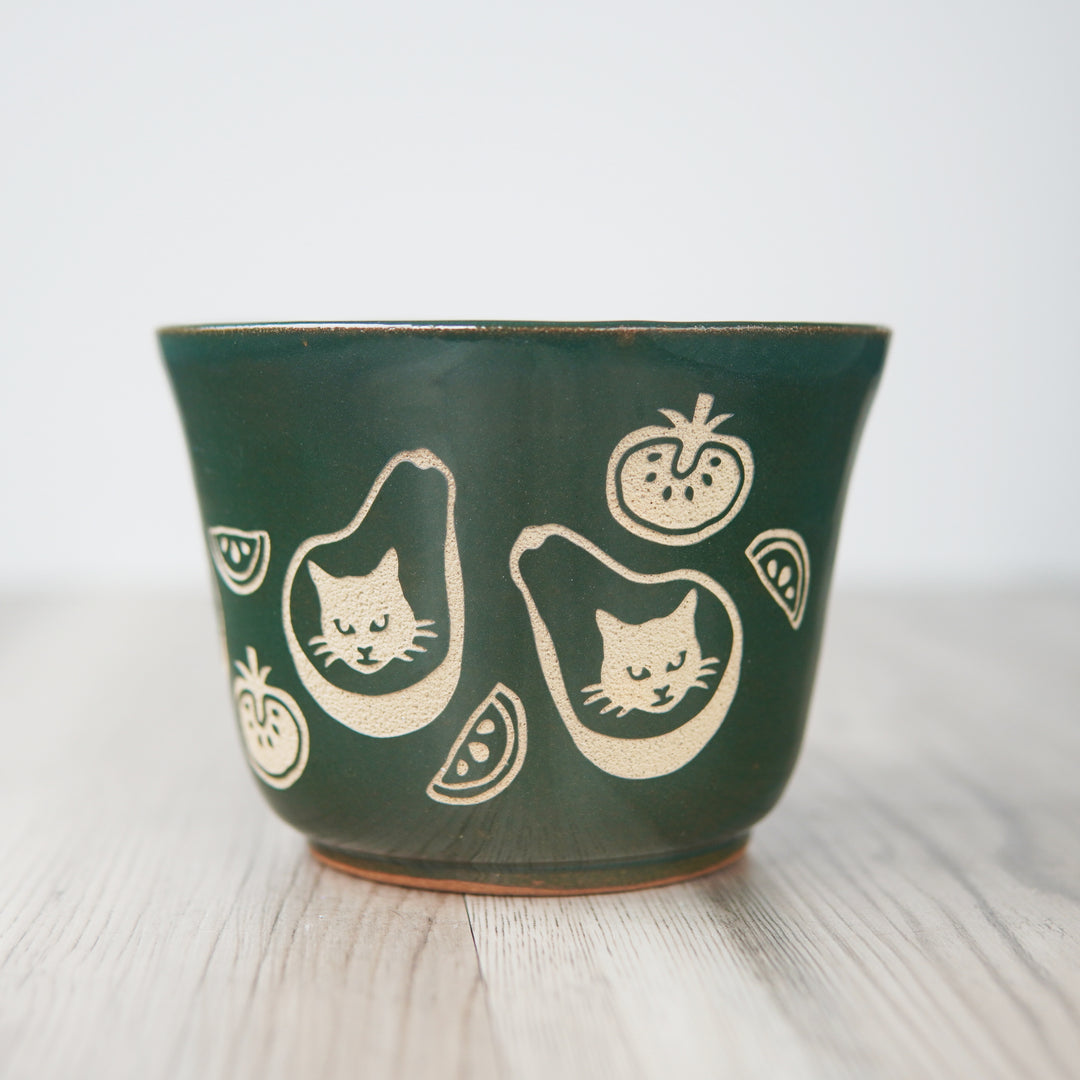 Avocado Cat Bowl, Medium Farmhouse Style Handmade Pottery