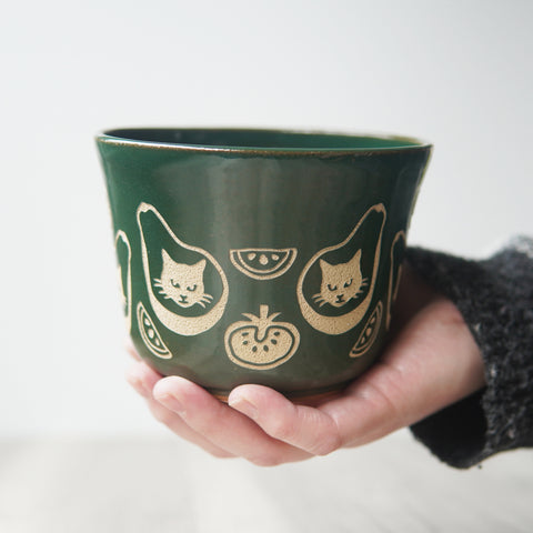 Avocado Cat Bowl, Medium Farmhouse Style Handmade Pottery