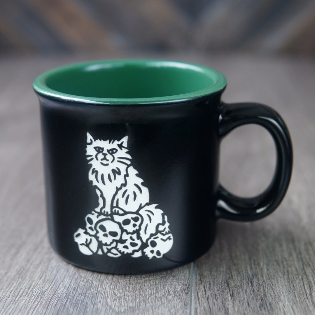 Dungeon Cat Camp Mug - CATacomb Skulls - made in USA ceramic
