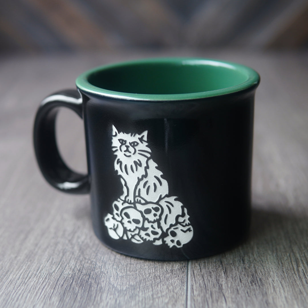 Dungeon Cat Camp Mug - CATacomb Skulls - made in USA ceramic
