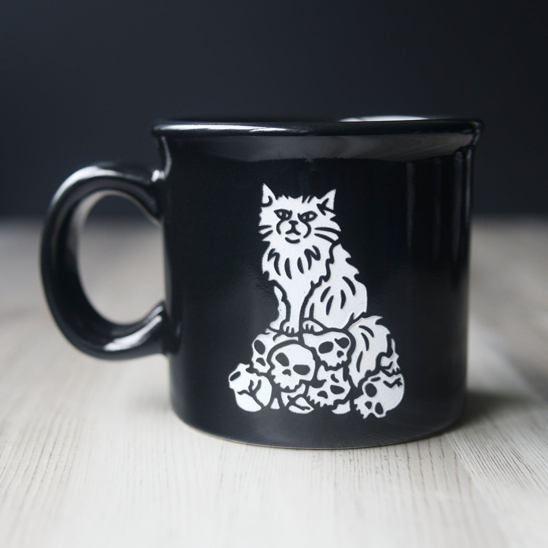 Dungeon Cat Camp Mug - CATacomb Skulls - made in USA ceramic