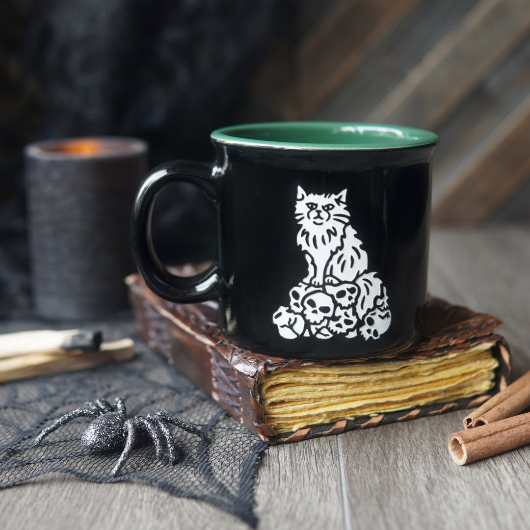 Dungeon Cat Camp Mug - CATacomb Skulls - made in USA ceramic