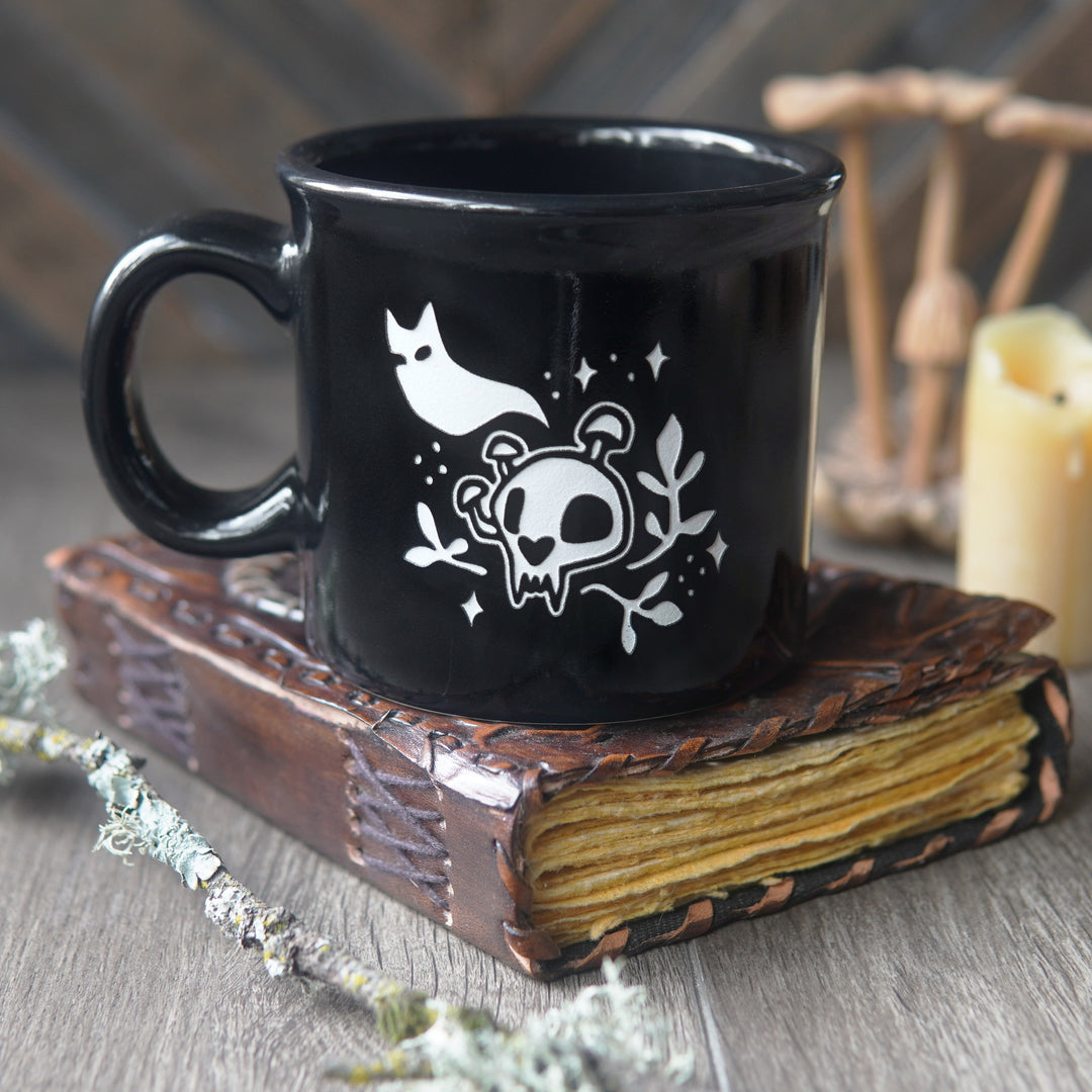Haunted Skull Camp Mug - ghost cat with mushrooms