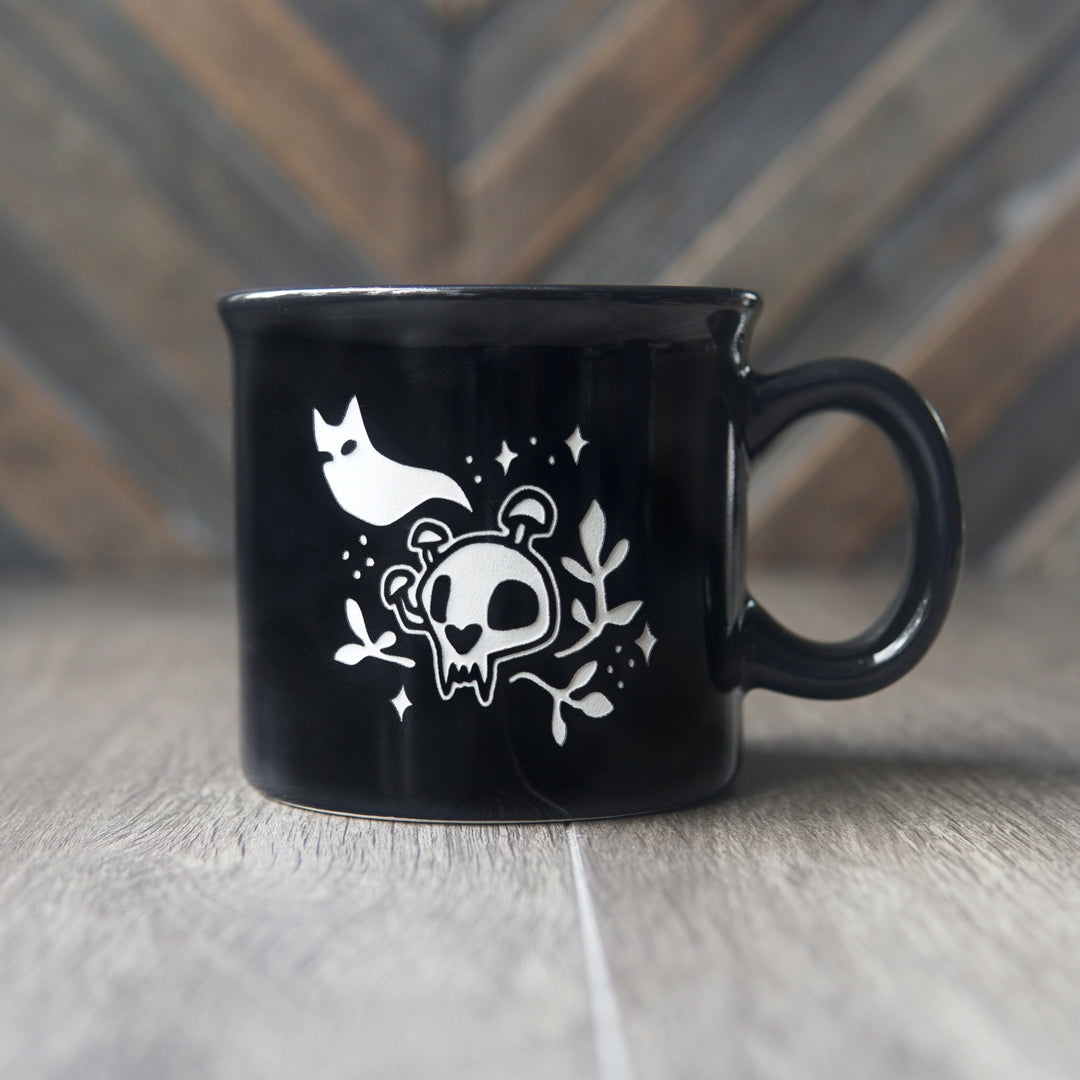 Haunted Skull Camp Mug - ghost cat with mushrooms