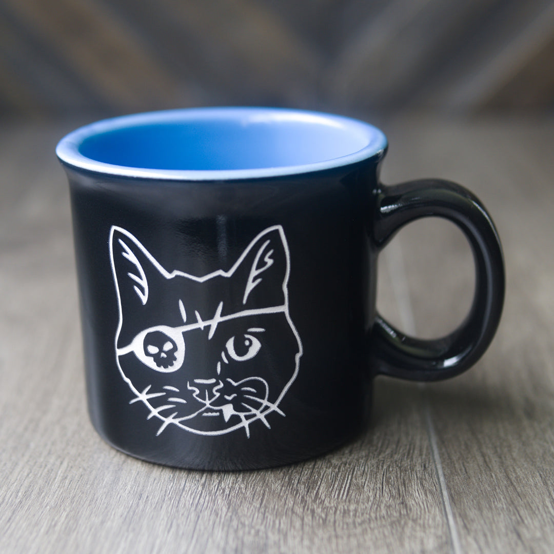 Pirate Snaggletooth Cat Camp Mug - made in USA ceramic
