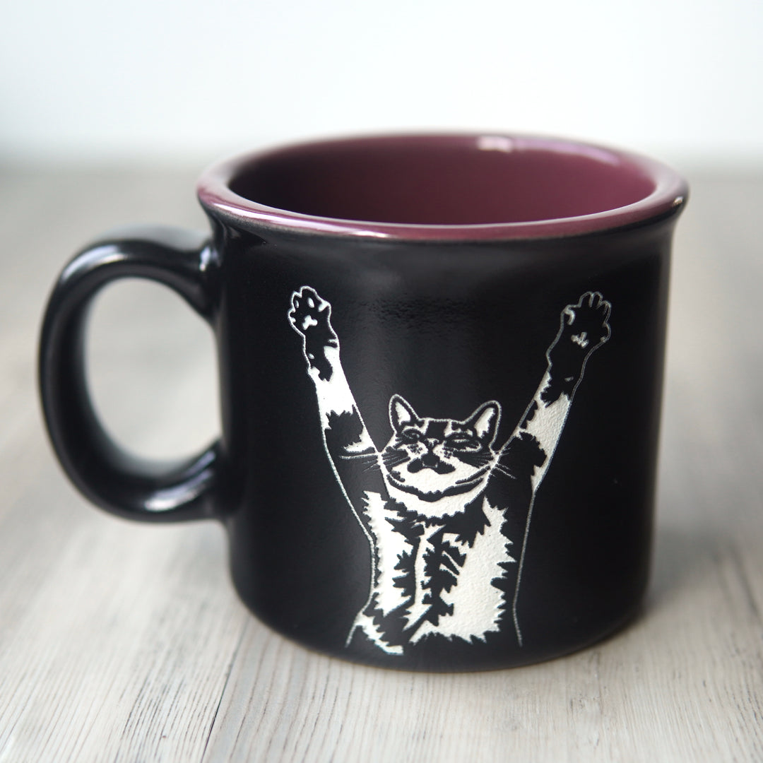 Stretching Cat Camp Mug - Dishwasher-Safe, Microwave-Safe